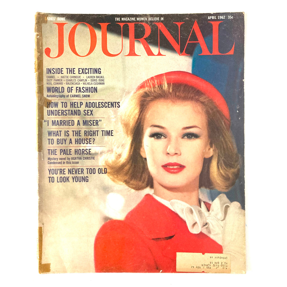 Ladies' Home Journal Magazine April 1962 cover featuring a beautiful woman with blonde hair styled in waves, wearing a red coat and beret, with the caption 'You're Never Too Old To Look Young' and content highlights including fashion and beauty articles.
