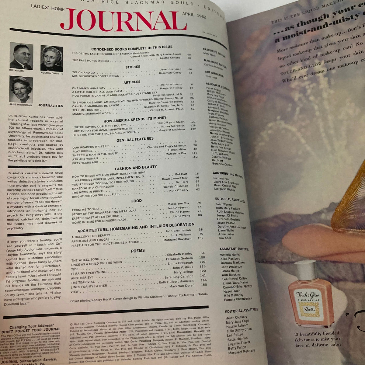 Inside page of the Ladies' Home Journal Magazine April 1962 displaying the table of contents with sections on stories, articles, fashion, beauty, and features of great interest to women of the era.