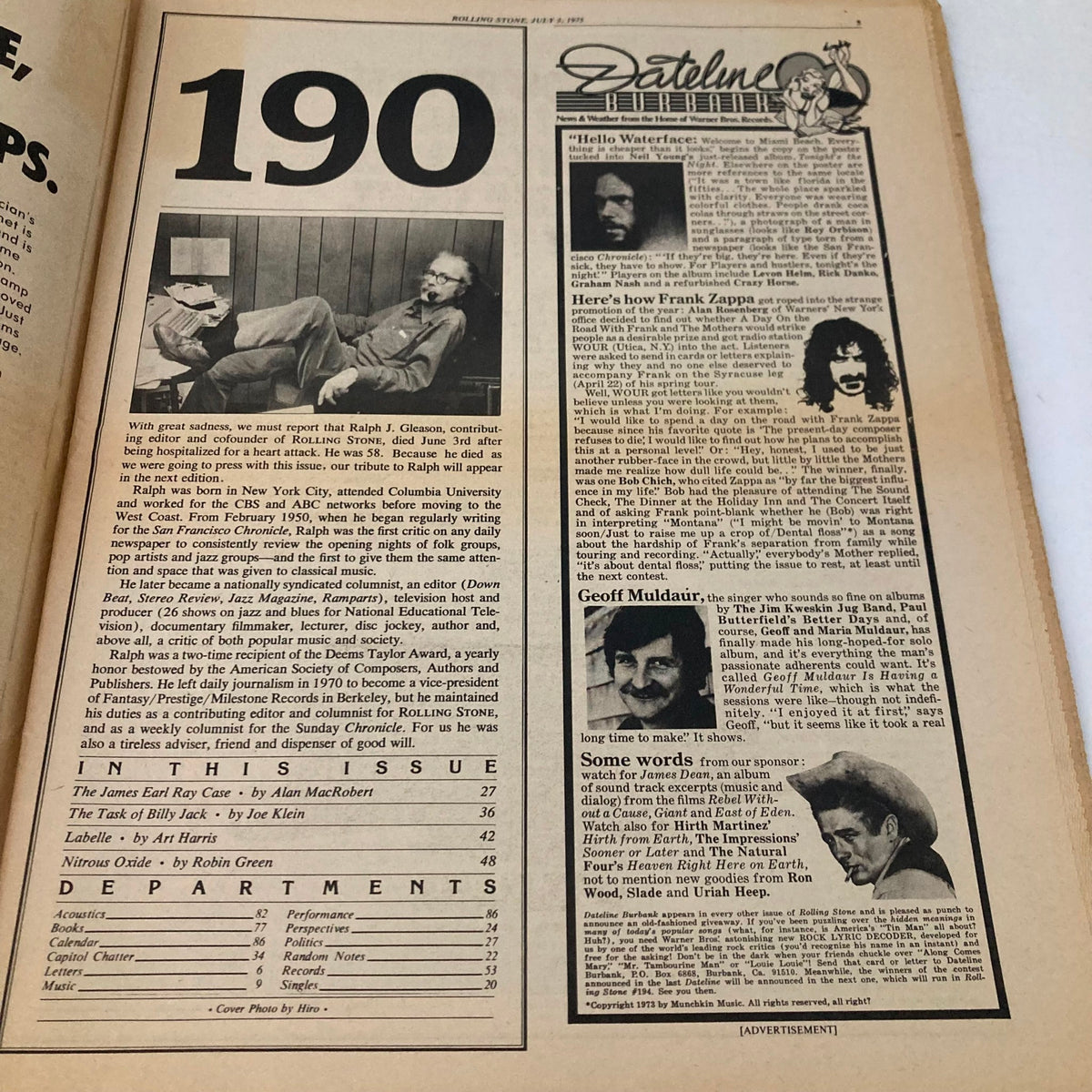 Interior page of Vintage Rolling Stone Magazine, July 3, 1975, Issue #190, showcasing the Table of Contents with details of featured artists and articles.