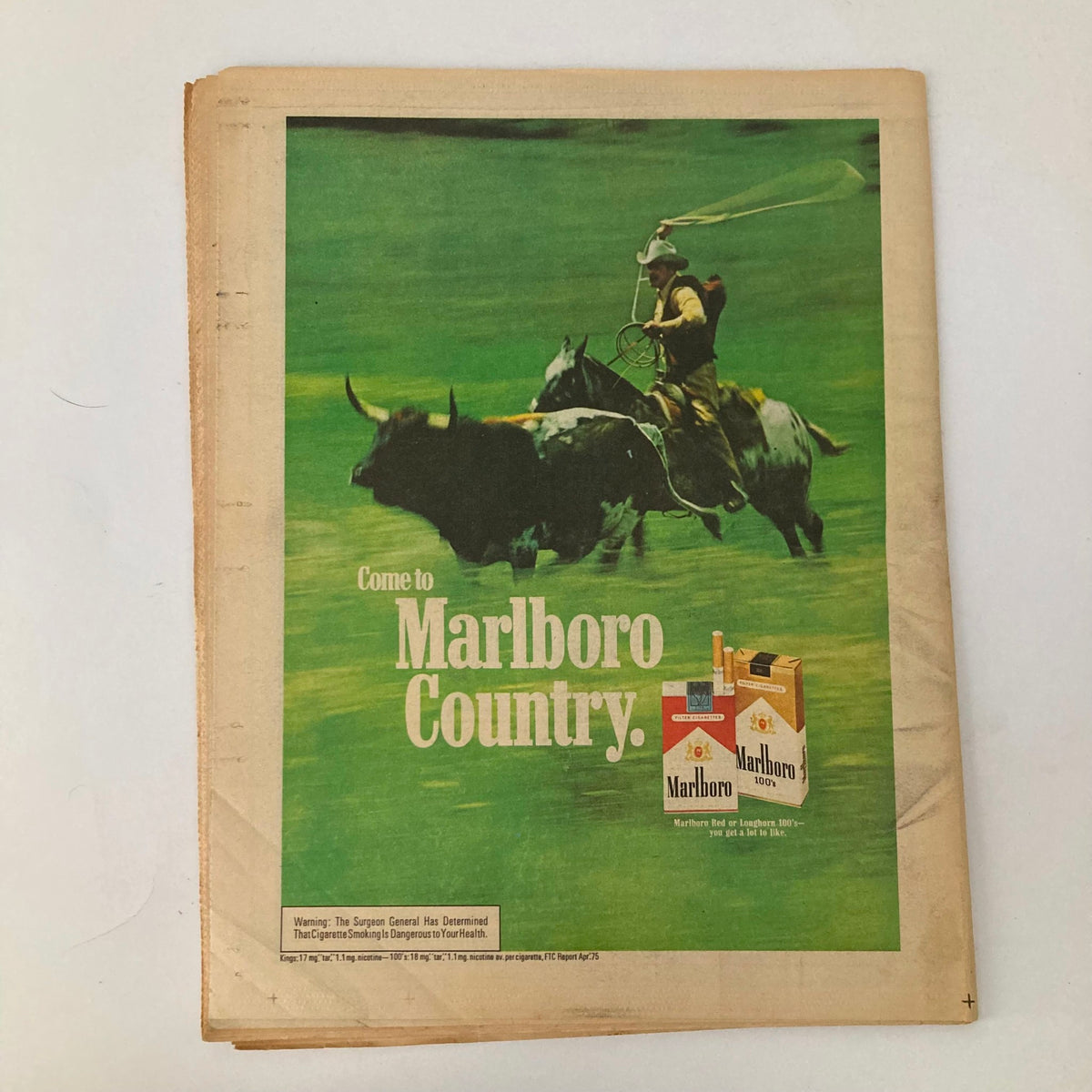 Back cover of Vintage Rolling Stone Magazine, July 3, 1975, Issue #190, featuring a Marlboro advertisement with a cowboy and cattle.