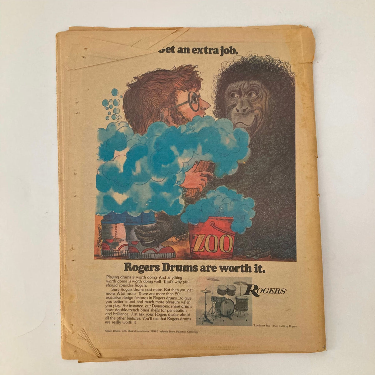 Back cover of VTG Rolling Stone Magazine April 25 1974 Issue #159 showcasing an advertisement for Rogers Drums with a whimsical design.