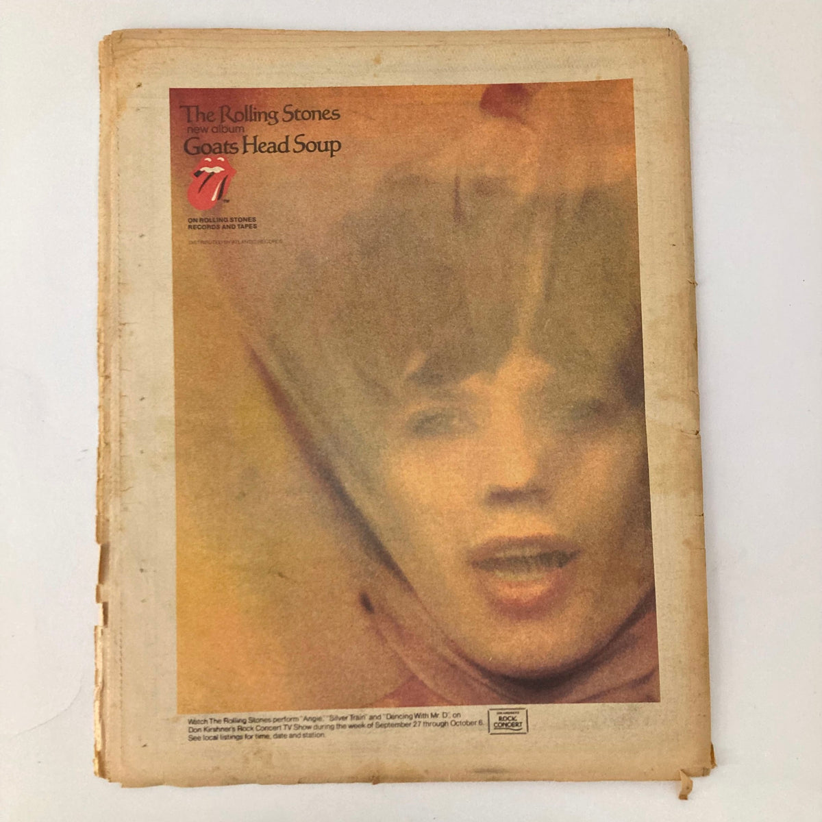 Advertisement page in VTG Rolling Stone Magazine October 11 1973 Issue #145 promoting the Rolling Stones album 'Goats Head Soup' with a stylized image.