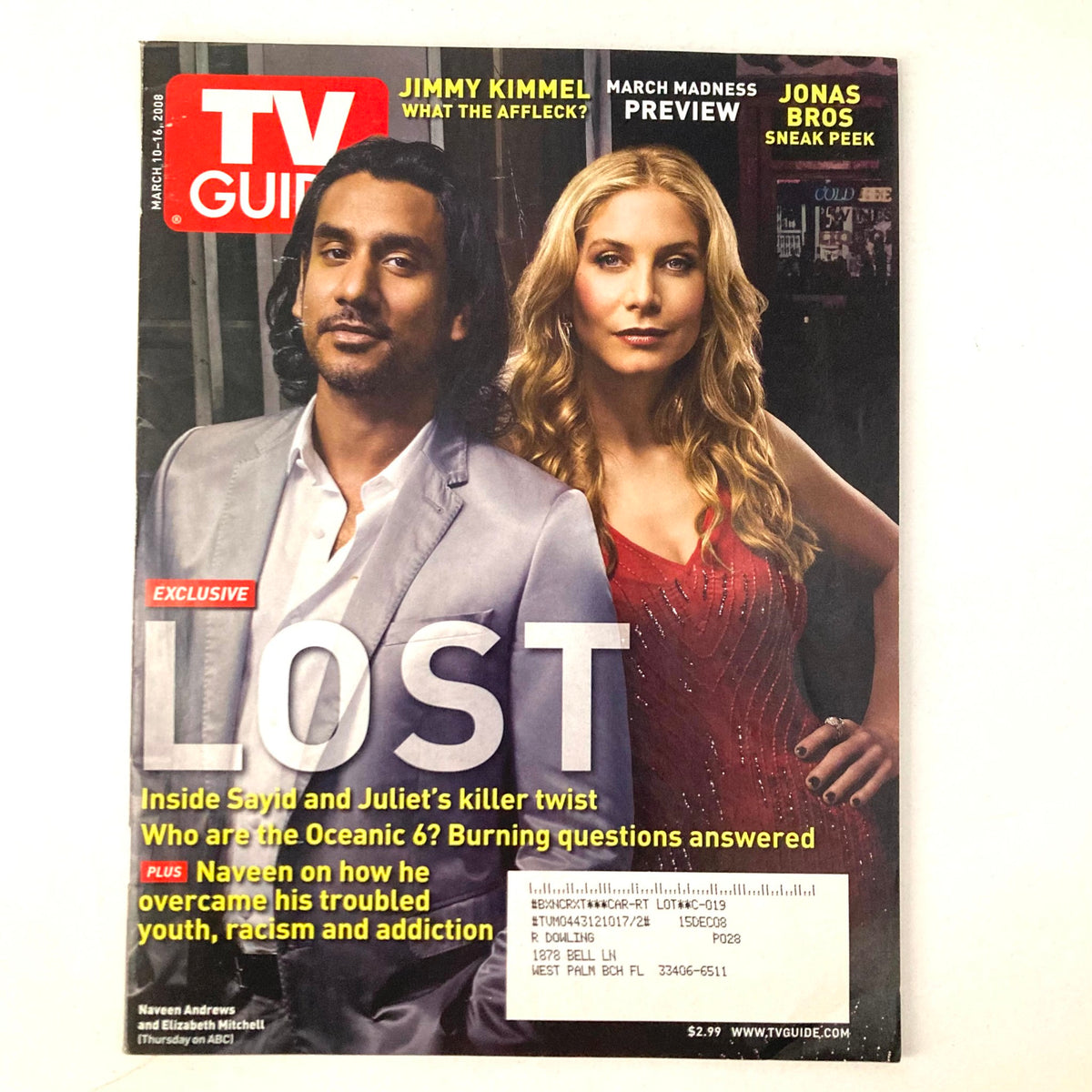 TV Guide Magazine March 10 2008 featuring Naveen Andrews and Elizabeth Mitchell on the cover with a focus on the show LOST, showcasing vibrant cover art and promotional content.