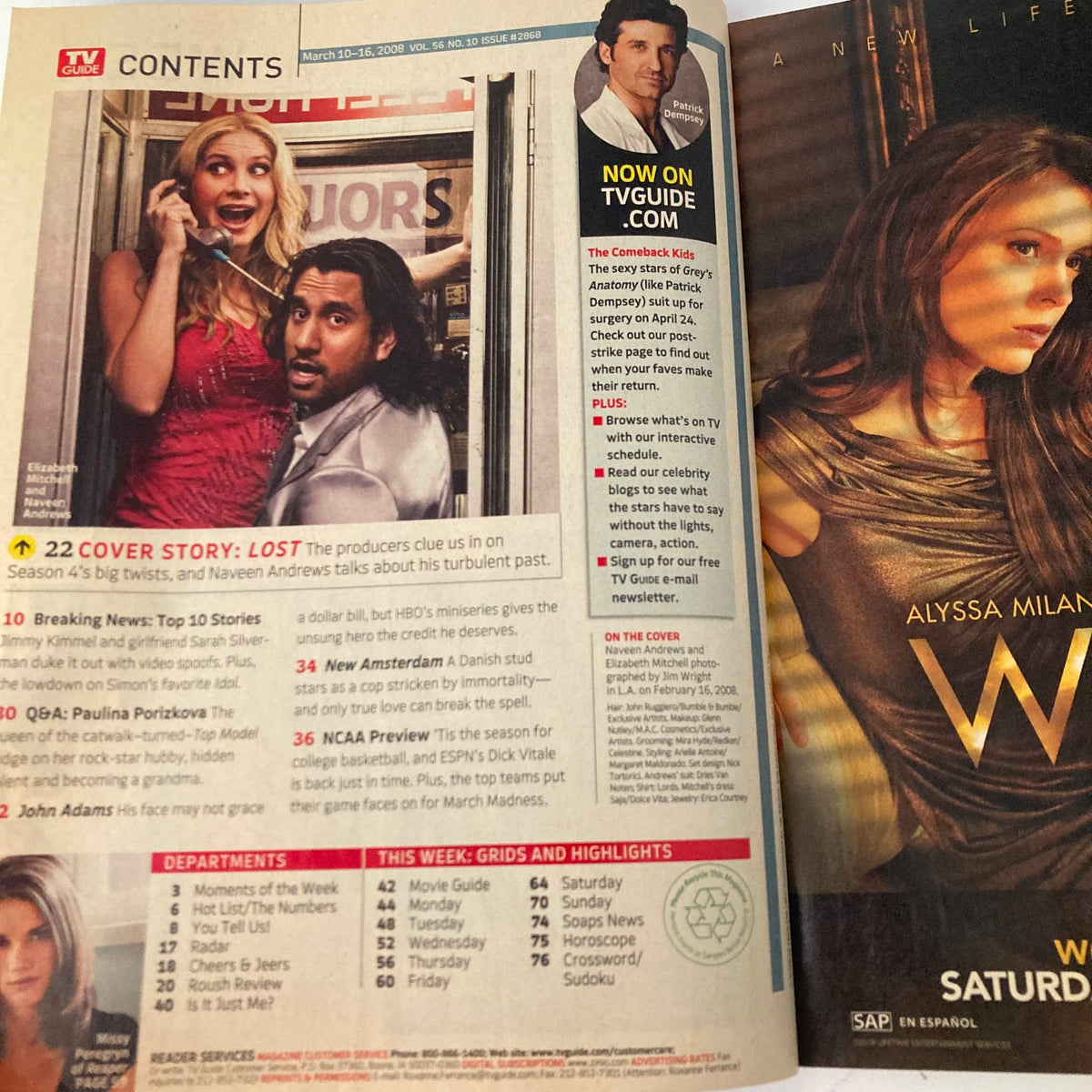 Contents page of TV Guide Magazine March 10 2008, featuring highlights from the cover story on LOST, including navigation of sections and stars Naveen Andrews and Elizabeth Mitchell.