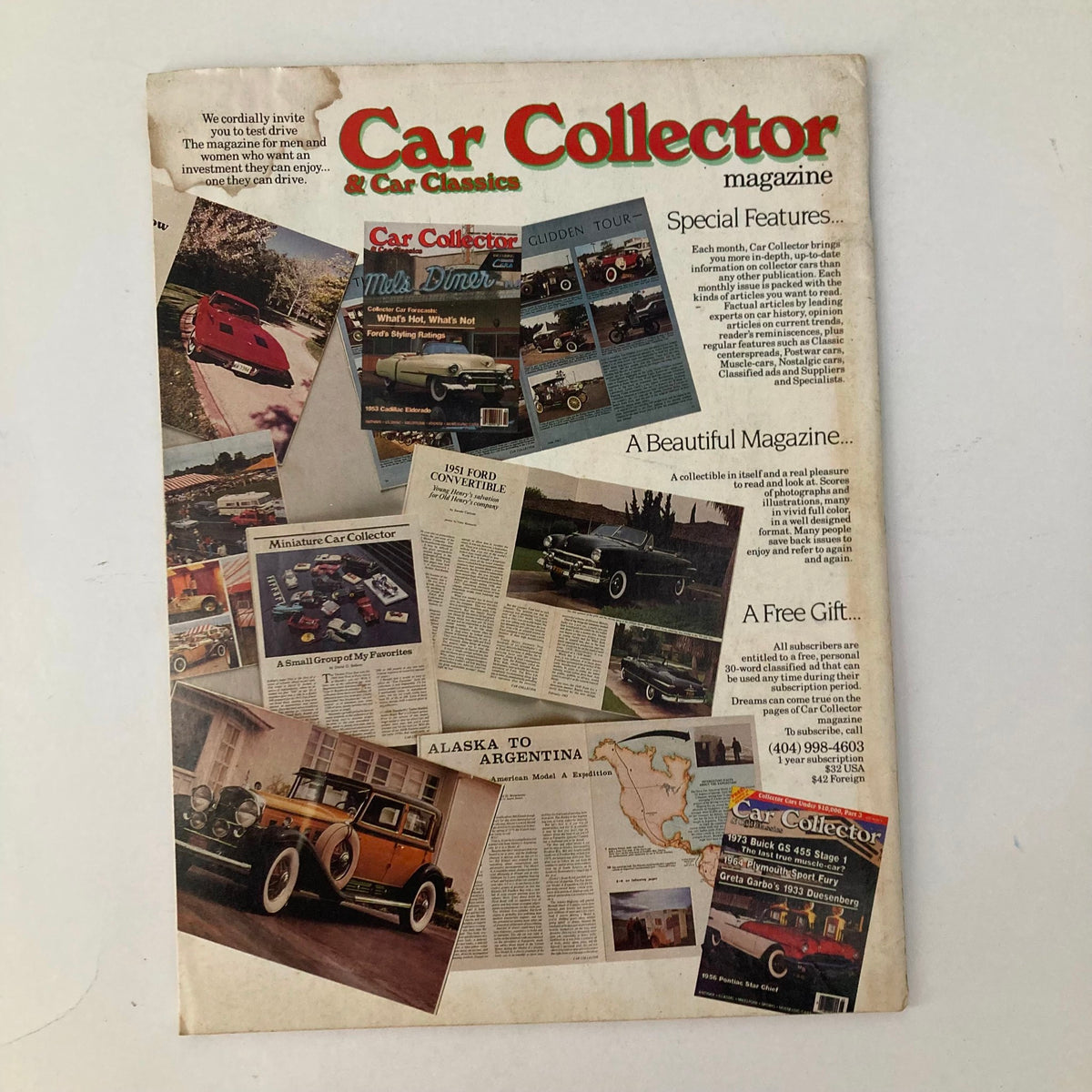 Back cover of Car Collector & Car Classics Magazine April 1991 showcasing classic car advertisements and a collection of vintage cars.