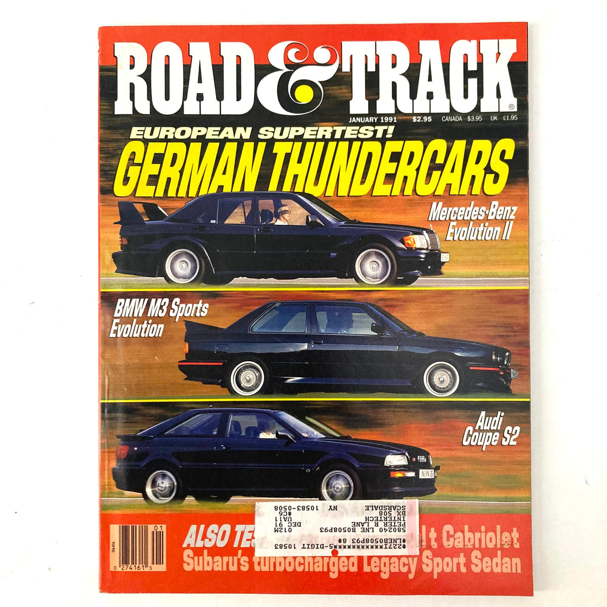 Cover of Road & Track Magazine January 1991 featuring European Supertest on German Thundercars including Mercedes-Benz Evolution II, BMW M3 Sports Evolution, and Audi Coupe S2.