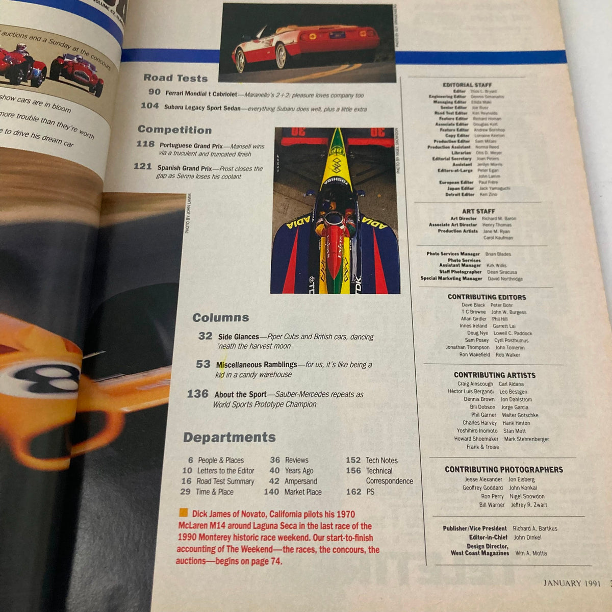 Editorial section of Road & Track Magazine January 1991, featuring car test articles and columns on automotive topics relevant to enthusiasts.