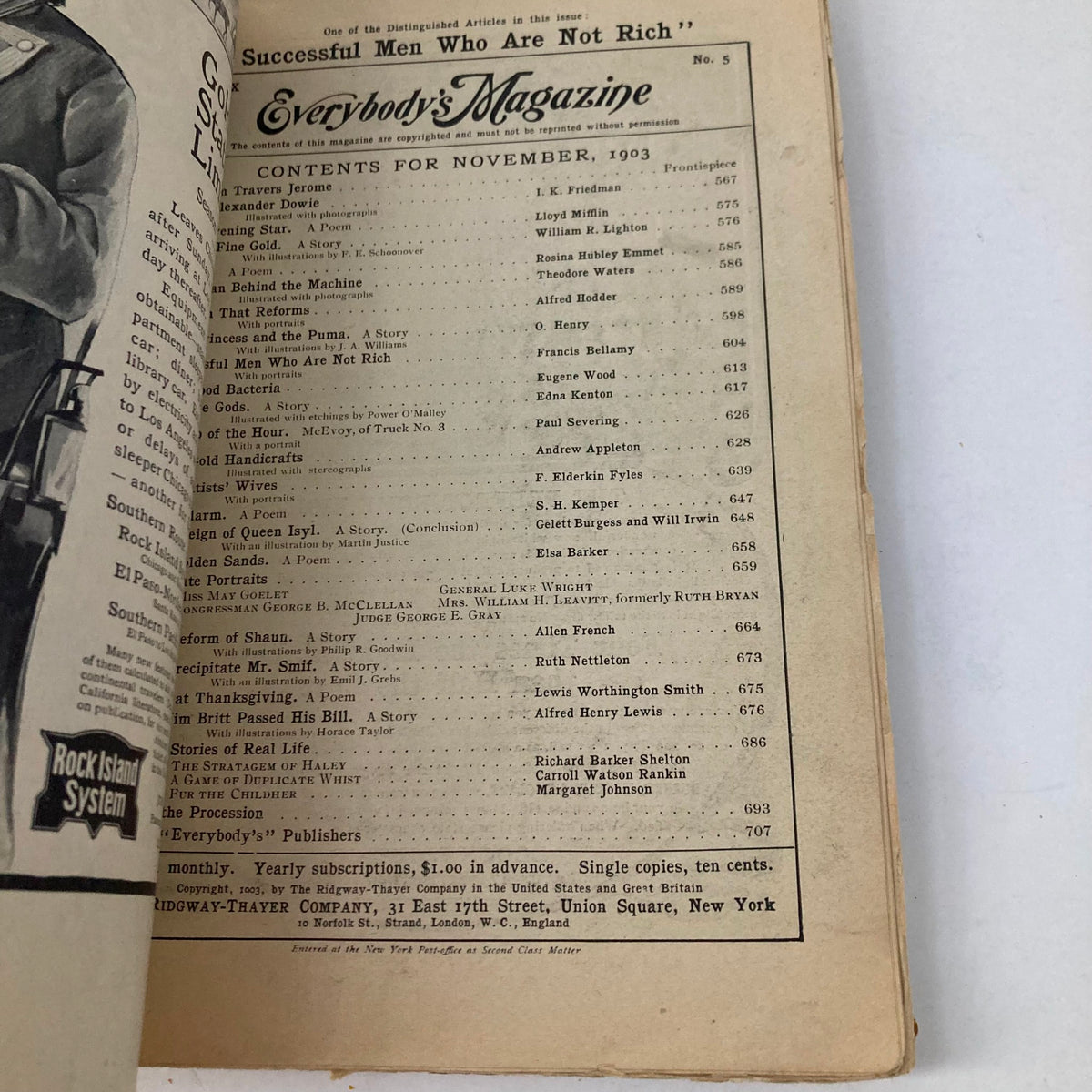 Table of contents from VTG Everybody's Magazine November 1903 A Game of Duplicate Whist showing featured articles and authors.