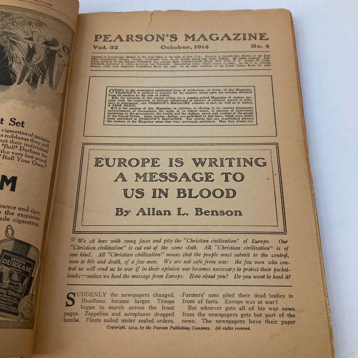 Inside page of VTG Pearson's Magazine, October 1914, featuring the article 'Europe Is Writing A Message To Us In Blood' by Allan L. Benson, highlighting early 20th-century concerns.