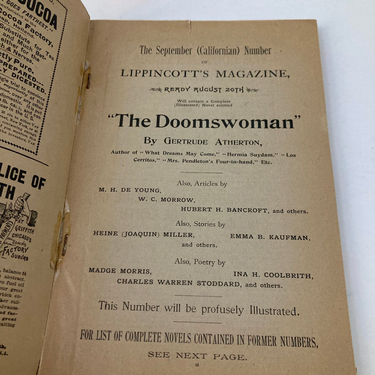 Interior page of 'Lippincott's Magazine' August 1892 featuring the story 'The Doomswoman' by Gertrude Atherton. The text includes contributions from various authors and showcases the literary style of the late 19th century.