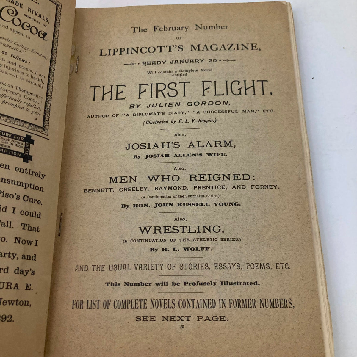 Cover page of the February number of Lippincott's Magazine featuring the title 'The First Flight' by Julien Gordon, highlighting notable authors and content from the 19th century.