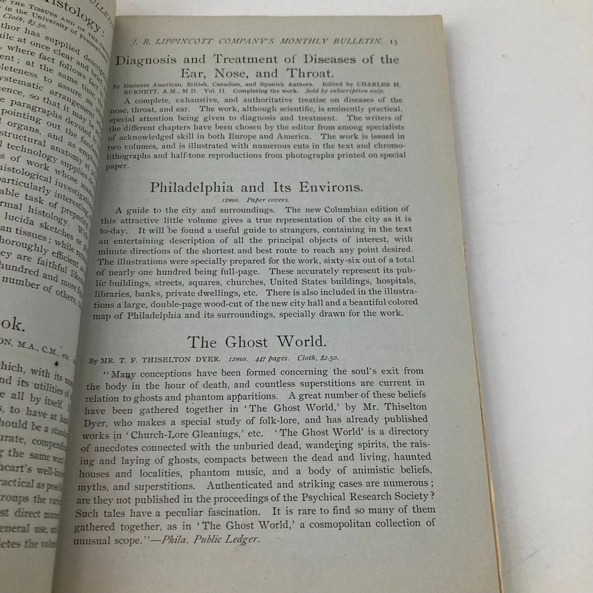 Interior page of Lippincott's Magazine October 1893, showcasing content on 'Diagnosis and Treatment of Diseases of the Ear, Nose, and Throat' highlighting historical medical literature within the vintage magazine.