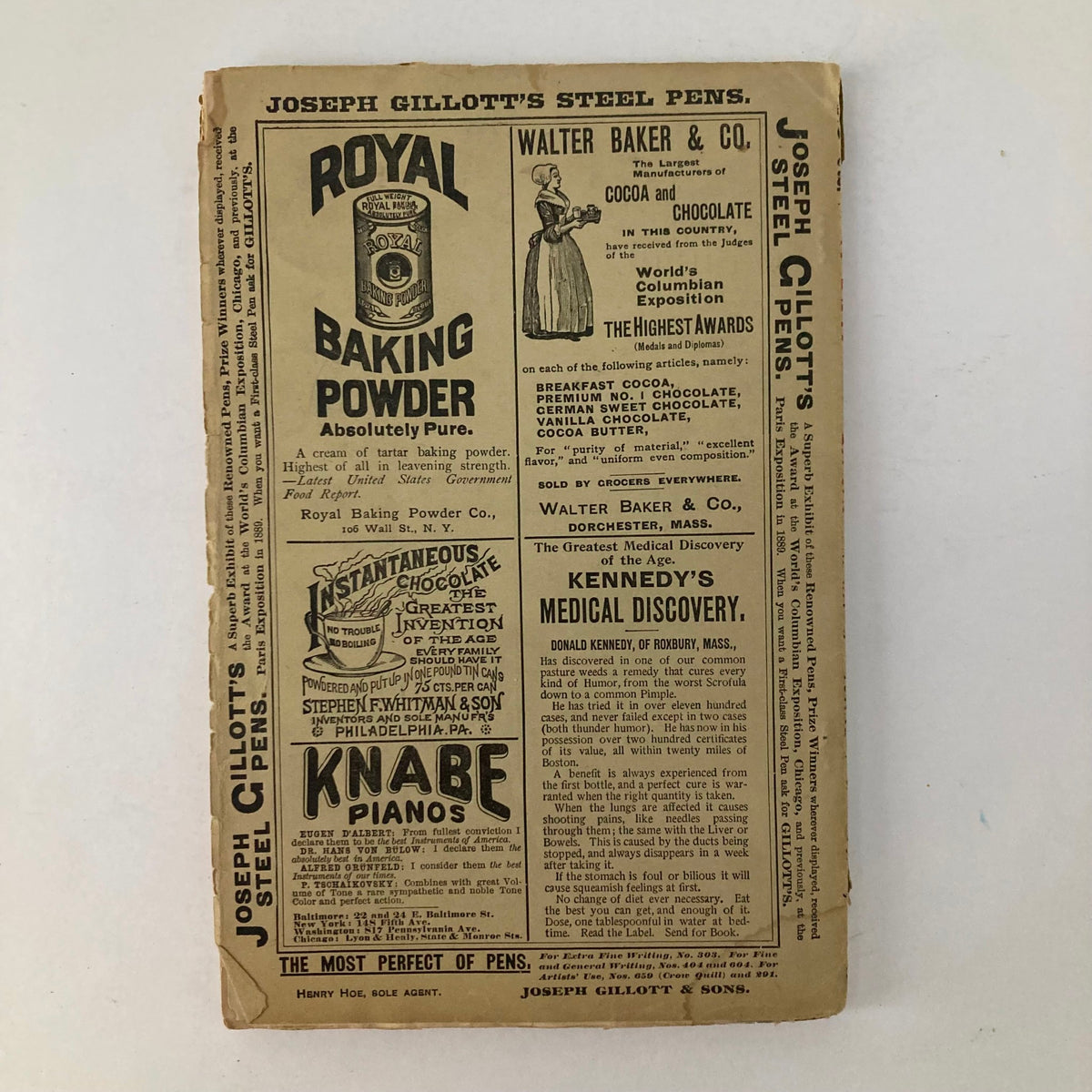 Cover of a vintage advertisement for Joseph Gillott's Steel Pens, illustrating various products and brands, featured in the Lippincott's Magazine March 1894.
