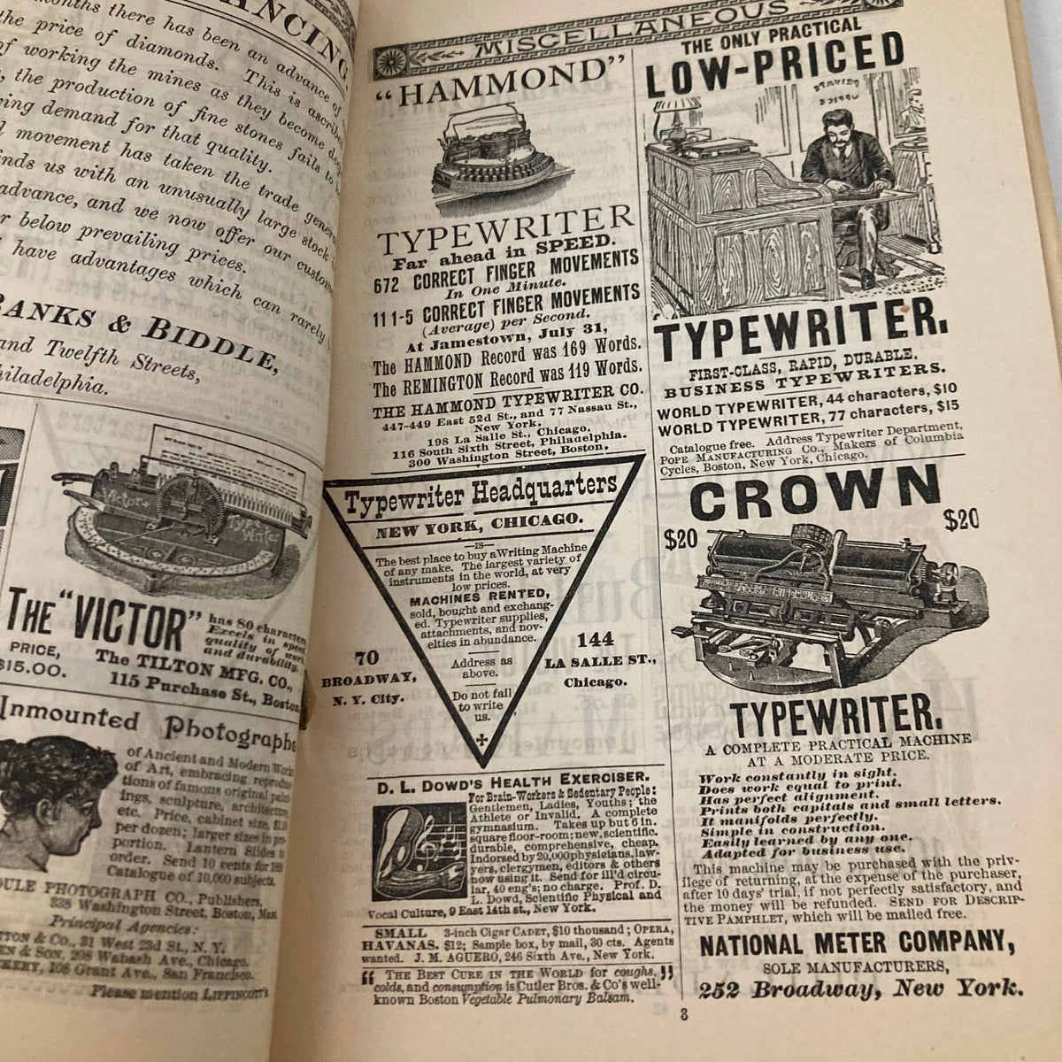 Vintage advertisement page from Lippincott's Magazine October 1889 featuring typewriters, including the Hammond Typewriter and Crown typewriter, illustrating the technological innovations of the era.