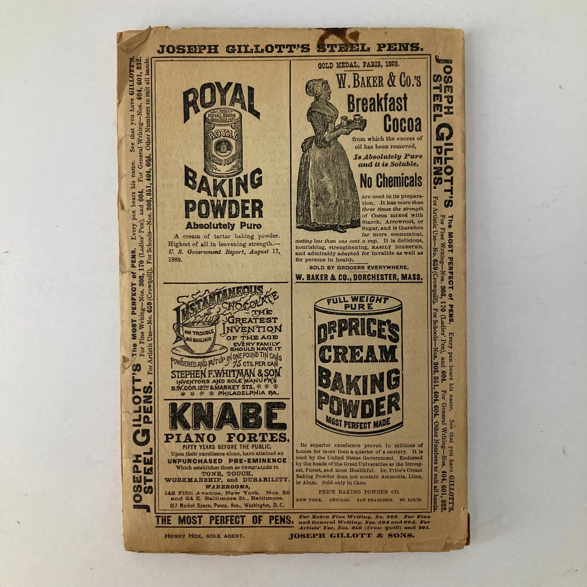 Back cover of Lippincott's Magazine August 1890 featuring advertisements for various products including baking powder and steel pens.