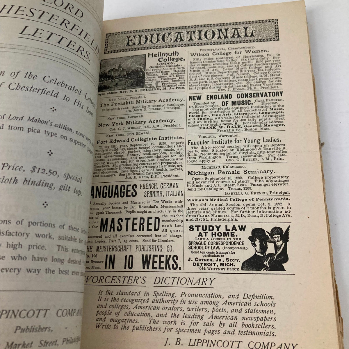 Image from VTG Lippincott's Magazine June 1892 displaying an educational advertisement, showcasing institutions such as Hellmuth College and New England Conservatory of Music, reflecting the cultural context of the era.