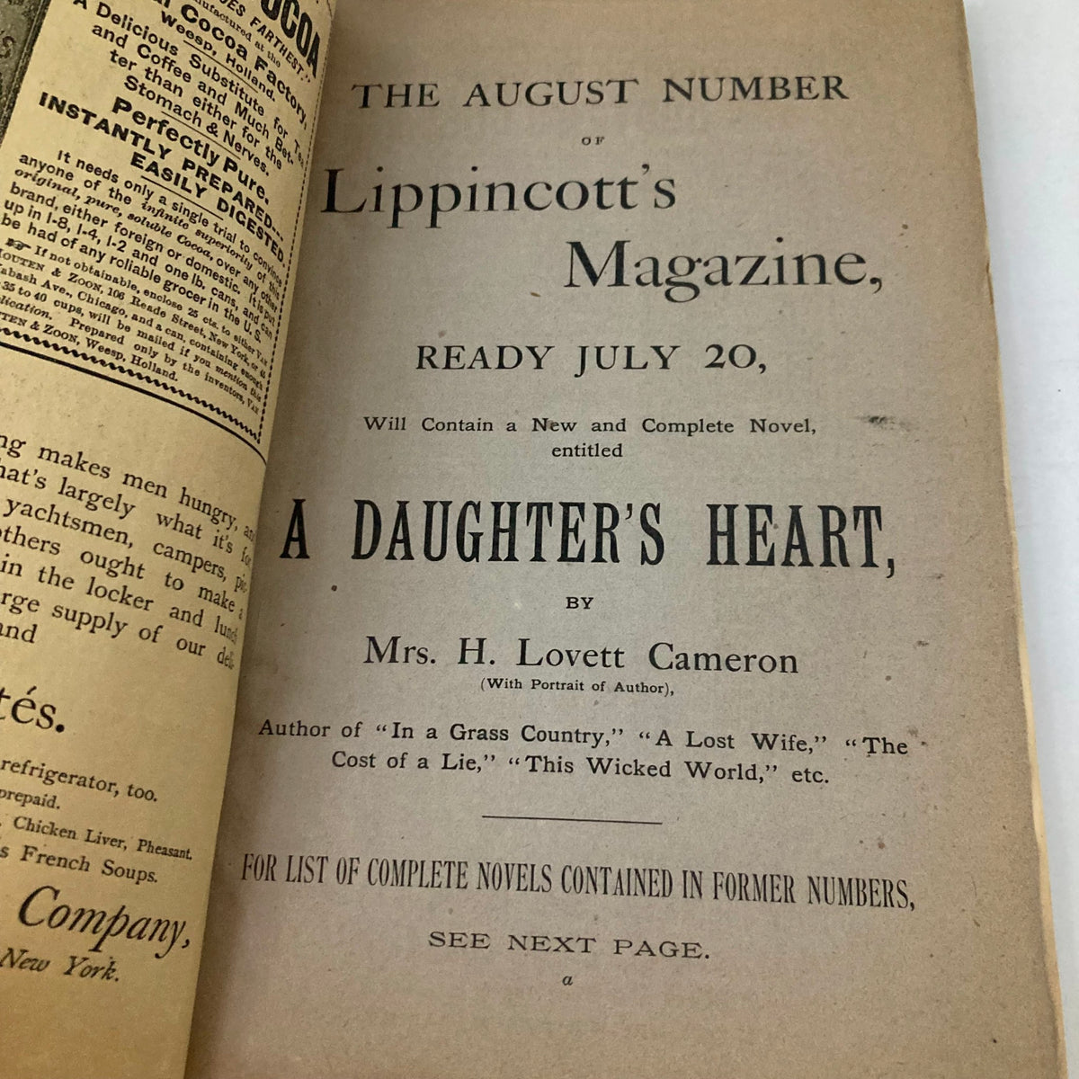 Lippincott's Magazine July 1891, featuring 'A Daughter's Heart,' highlighting literary content and a portrait of Mrs. H. Lovett Cameron.