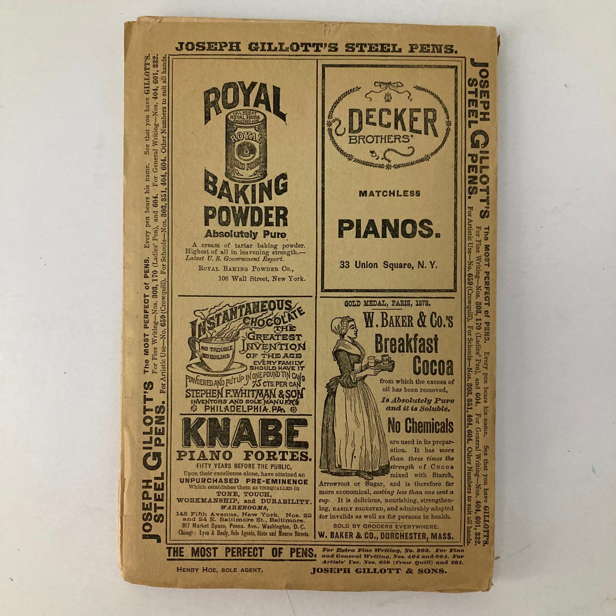 Back cover of Lippincott's Magazine July 1891, showcasing vintage advertisements for Royal Baking Powder and Decker Brothers Pianos.