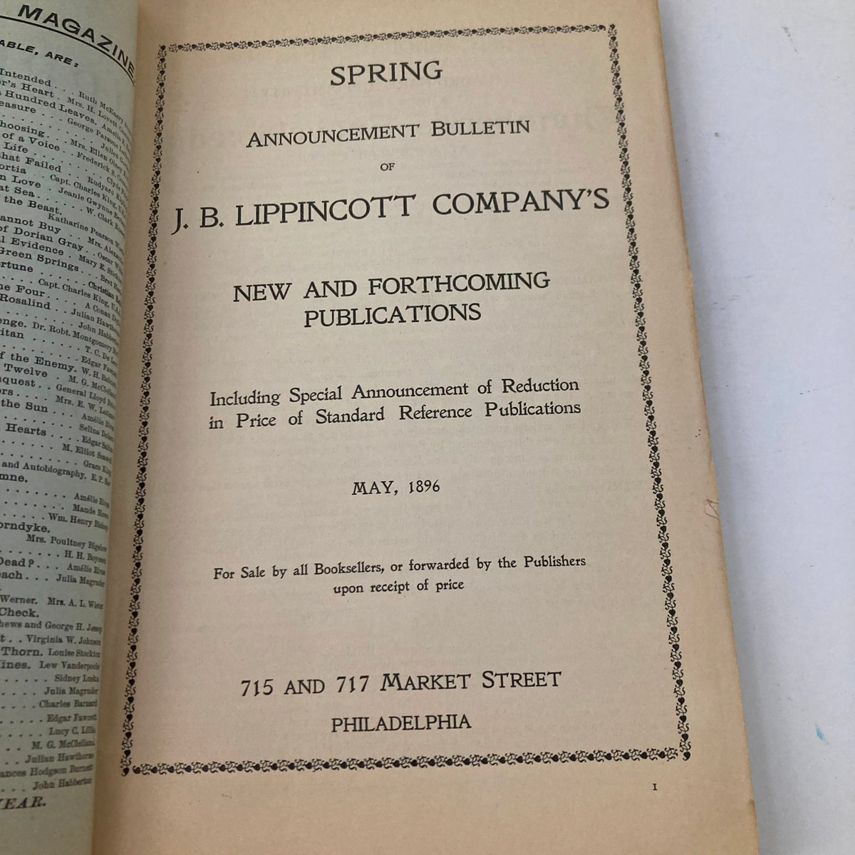 Interior page of VTG Lippincott's Magazine May 1896, featuring the Spring Announcement Bulletin for J. B. Lippincott Company's new publications.