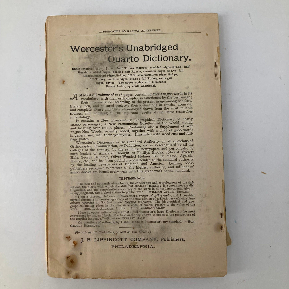Back cover advertisement for Worcester's Unabridged Quarto Dictionary in VTG Lippincott's Magazine May 1896.
