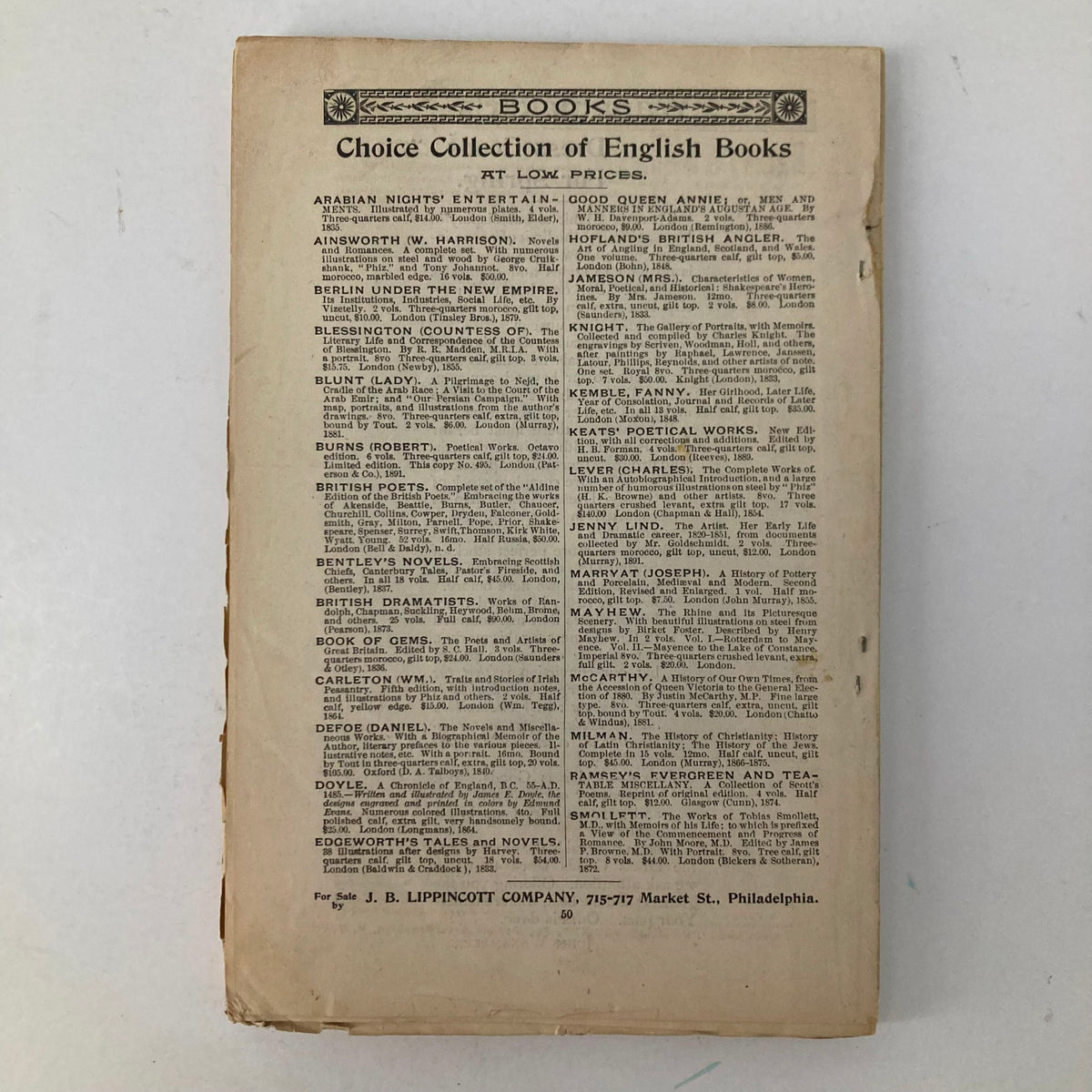 Back cover of VTG Lippincott's Magazine April 1893 Columbus In Love - 'Gath', featuring a choice collection of English books, showcasing vintage literary offerings and advertisements from the late 19th century.