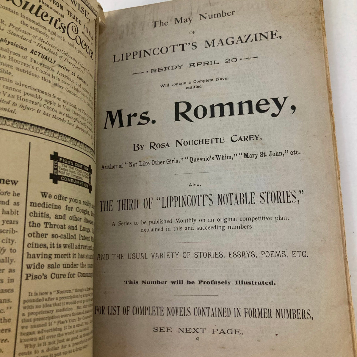 Inside page of VTG Lippincott's Magazine April 1893 highlighting 'Mrs. Romney' by Rosa Nouchette Carey. The text discusses the magazine's contents and literary contributions for the month.
