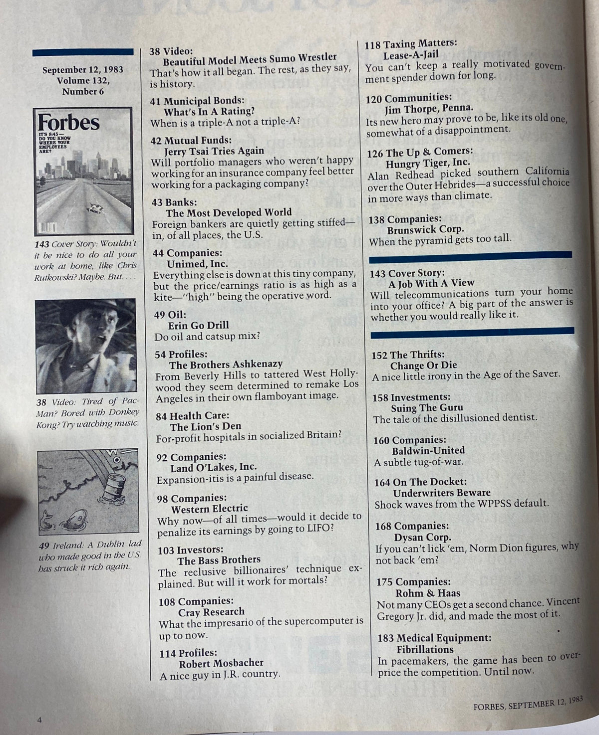 Table of contents page from Forbes Magazine September 12, 1983, listing articles including 'A Job With A View' and various finance insights.