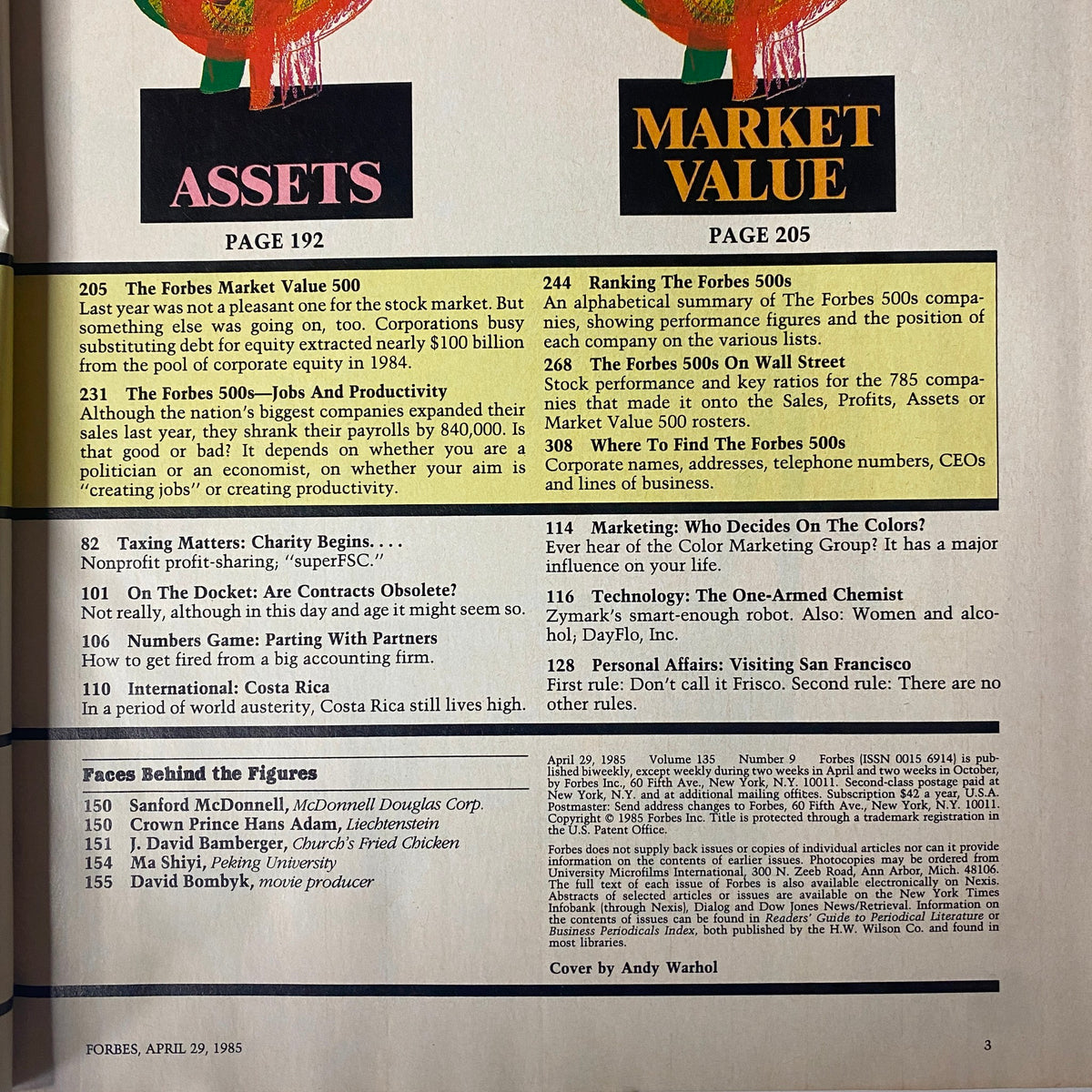 Forbes Magazine April 29, 1985, showcasing the assets and market value listings with page numbers and article highlights detailing corporate performance and trends.