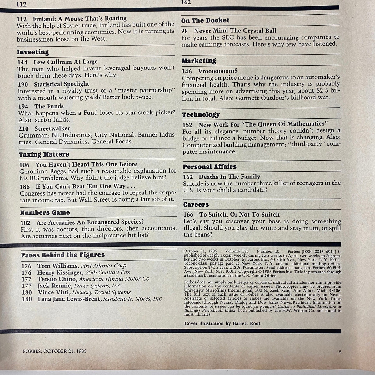 Interior pages of Forbes Magazine, October 21, 1985, featuring articles on investing, marketing, and various business topics from the era.