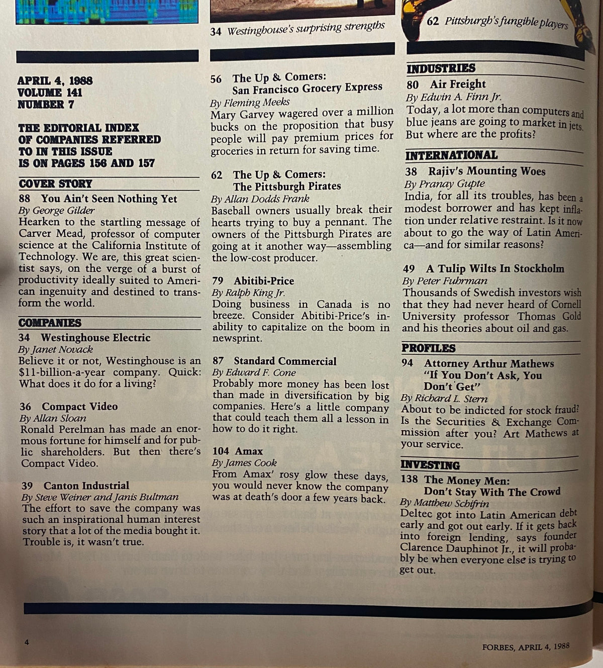 Inside page of Forbes Magazine dated April 4, 1988, highlighting articles related to corporate America and technology. Includes a mention of Westinghouse Electric and Compact Video, providing insights into economic trends during the late 1980s.