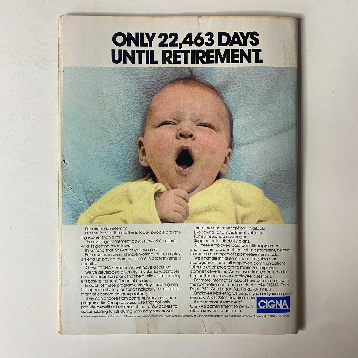 Forbes Magazine April 4, 1988, back cover displaying a humorous retirement advertisement featuring a yawning baby with the text 'Only 22,463 days until retirement.'