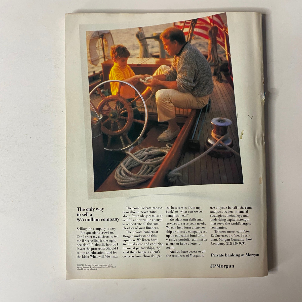 Forbes Magazine June 27, 1988, displaying an advertisement for JP Morgan, featuring a father and son on a boat, emphasizing financial services for family wealth management.