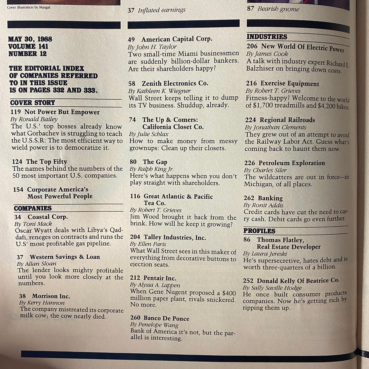 Contents page of Forbes Magazine from May 30, 1988, including articles on the cover story 'Not Power But Empower' and a list of the Top 50 Companies.