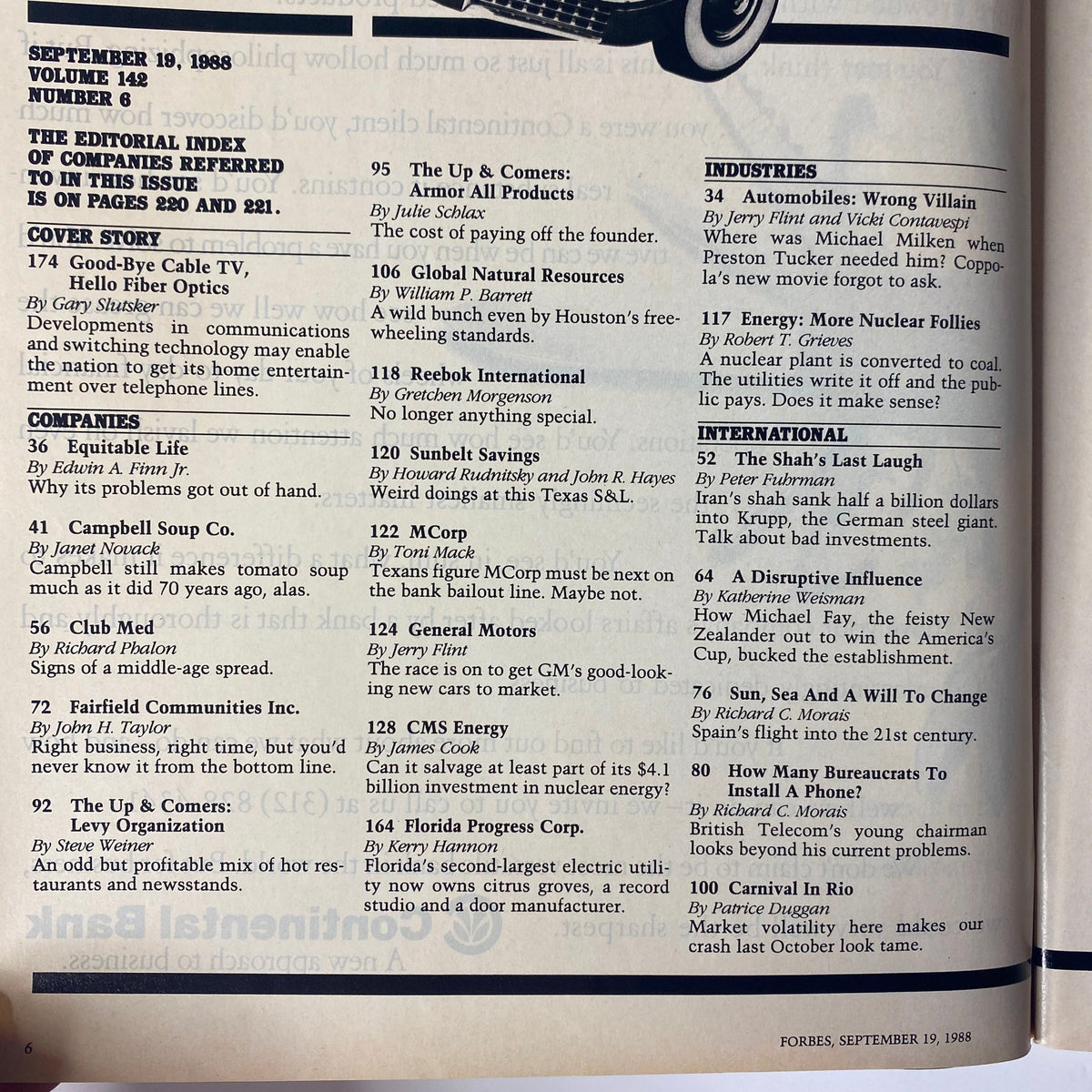 The editorial index page of Forbes Magazine from September 19, 1988, showcasing the cover story 'Good-Bye Cable TV, Hello Fiber Optics' and other featured articles.