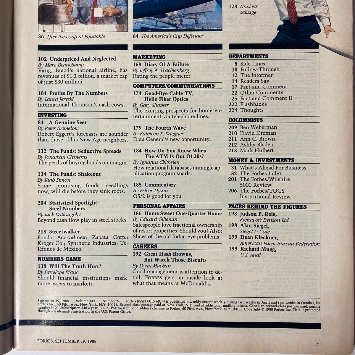 Another view of the editorial content in Forbes Magazine from September 19, 1988, highlighting significant articles including 'Good-Bye Cable TV, Hello Fiber Optics'.