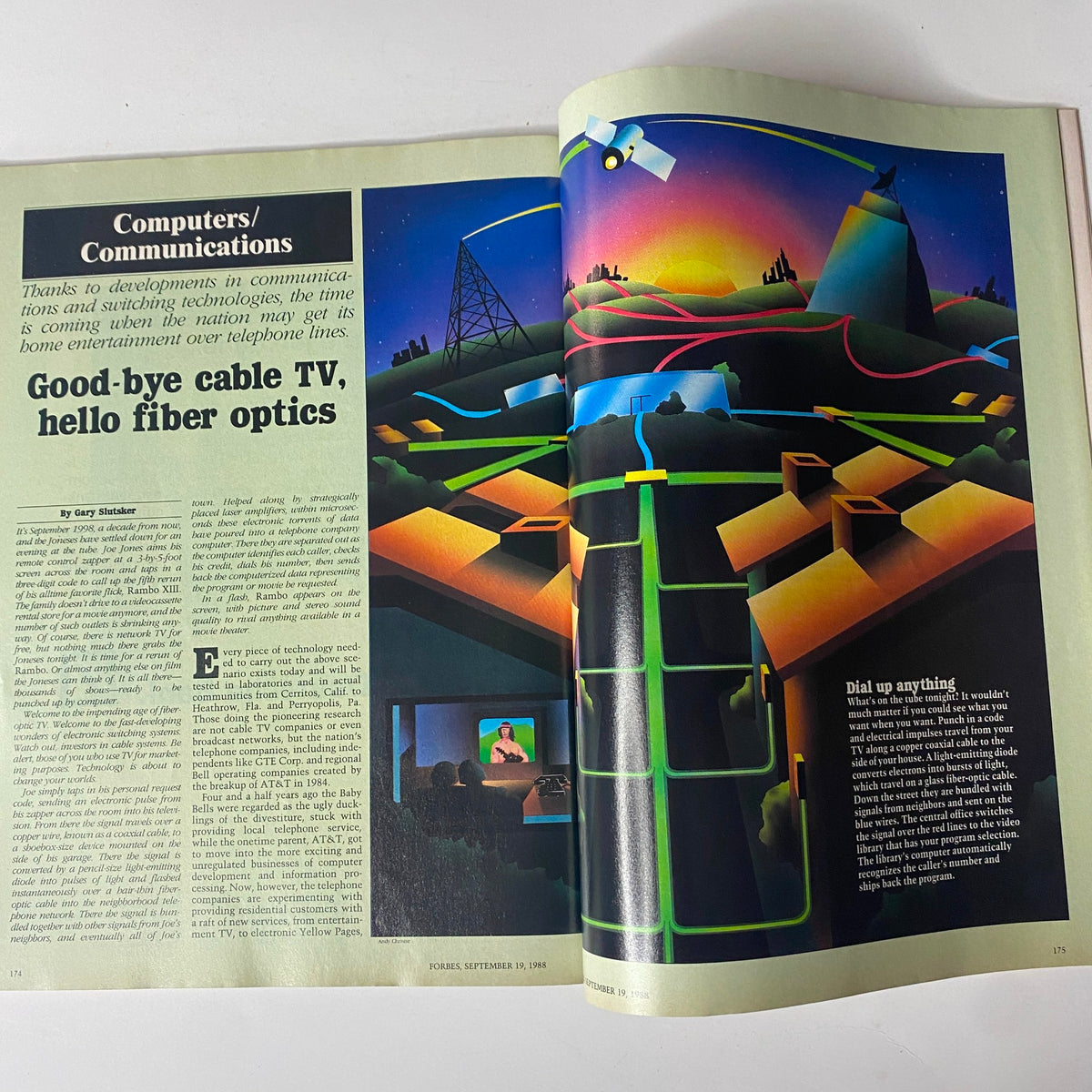 Forbes Magazine September 19, 1988 features an article titled 'Good-bye cable TV, hello fiber optics' showcasing the evolution of telecommunications with artistic illustrations.