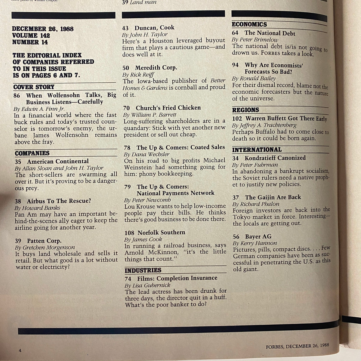 Table of contents from Forbes Magazine December 26, 1988, listing key articles including 'When Wolfensohn Talks, Big Business Listens—Carefully' and topics on investment and economics.