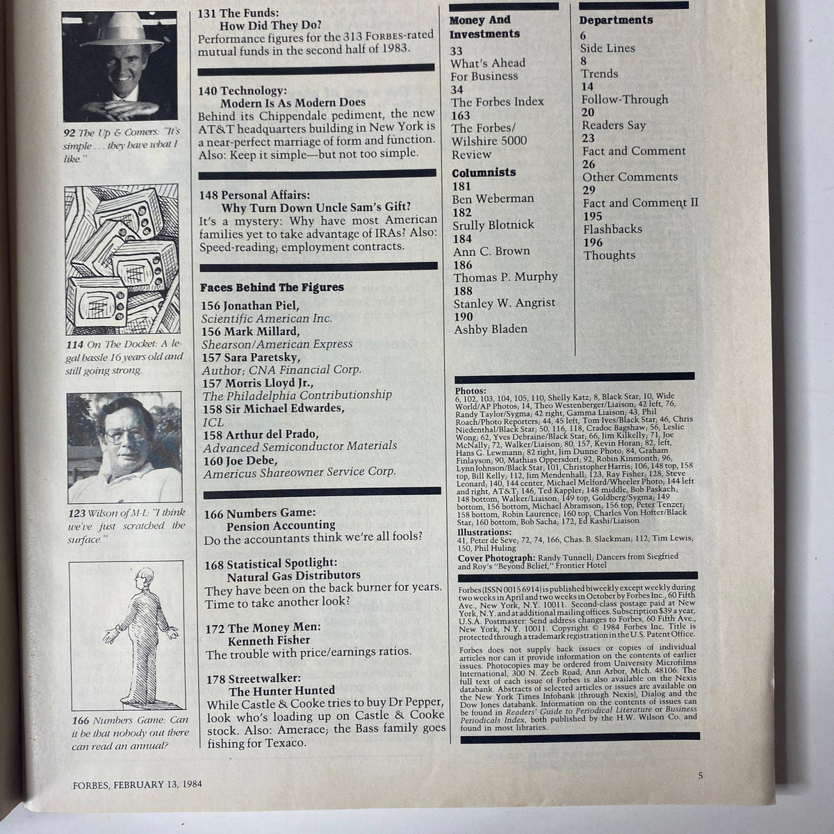 Forbes Magazine February 13, 1984, featuring the Table of Contents, highlighting articles on business and investments, including 'The Most Profitable Game Going.'