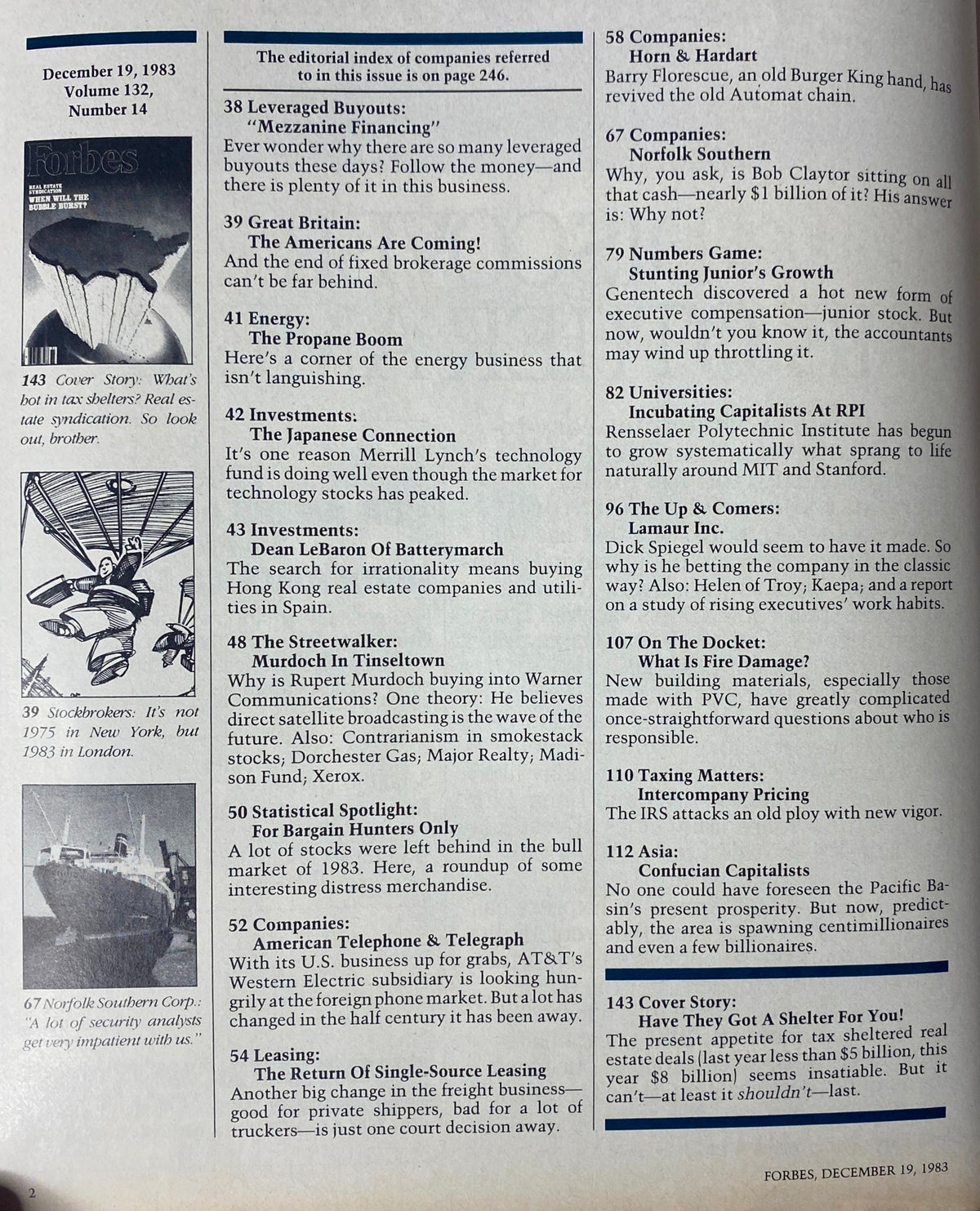 Interior page of Forbes Magazine from December 19, 1983, showcasing the editorial index and notable articles including the cover story 'Have They Got a Shelter for You!' related to tax shelters and real estate syndication.