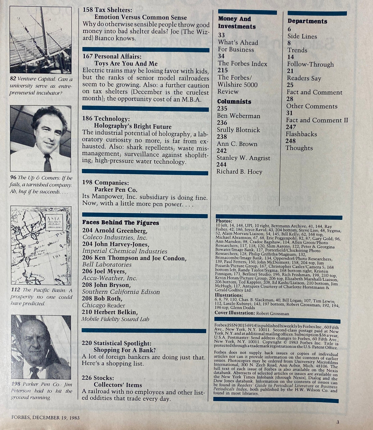 Interior page showcasing contents of Forbes Magazine December 19, 1983, including sections on tax shelters and corporate finance.