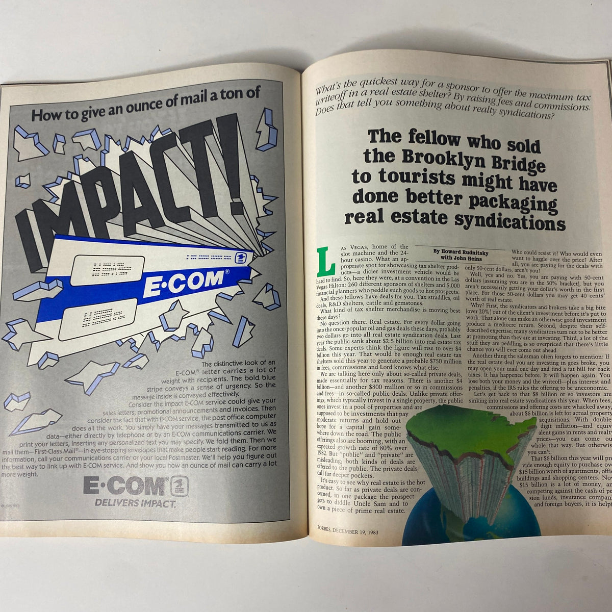 Spread from Forbes Magazine December 19, 1983, discussing real estate syndications and marketing strategies, with a focus on tax sheltering.