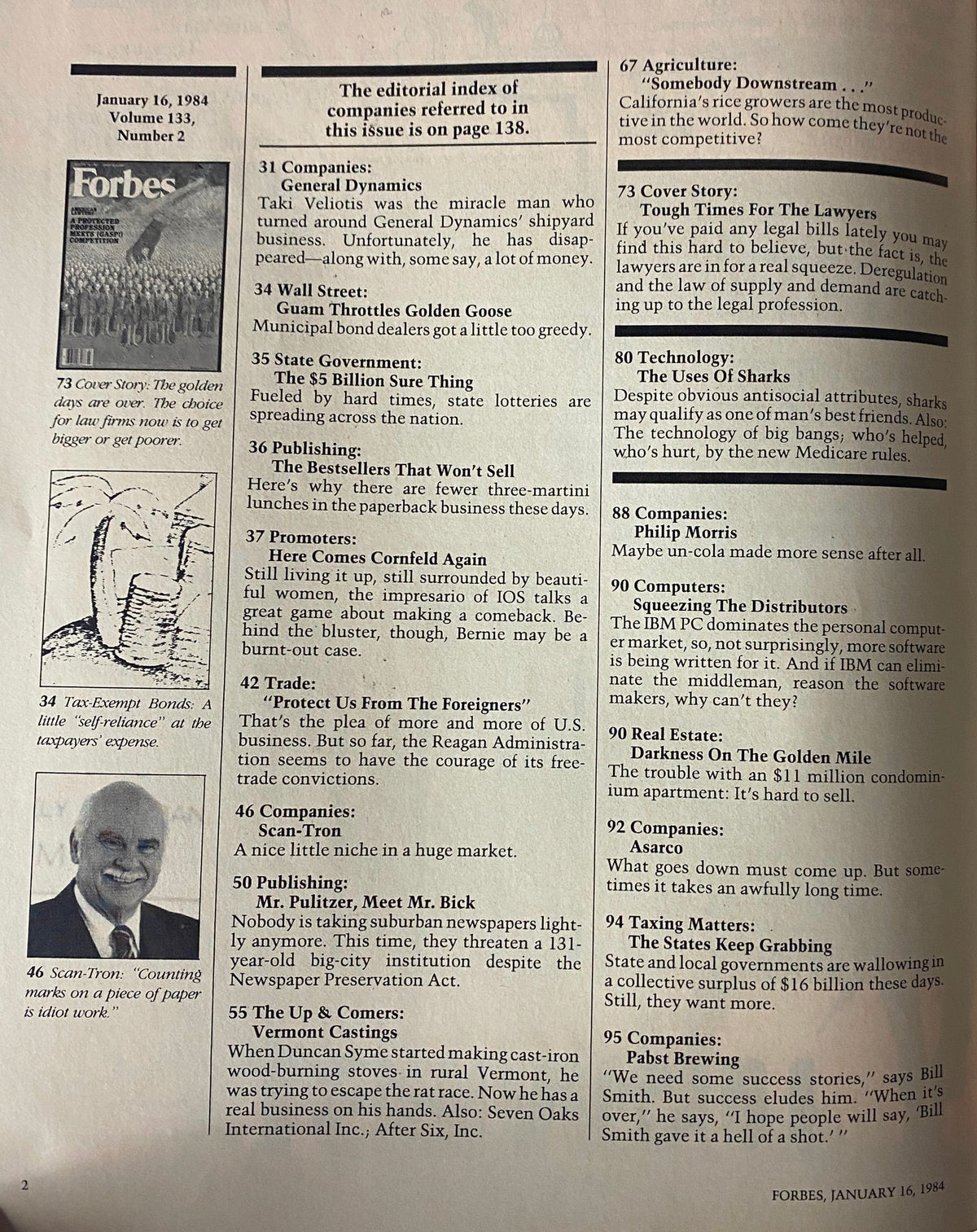 Interior page from Forbes Magazine January 16, 1984, displaying the editorial index of companies featured in the issue, enhancing the magazine's historical context.