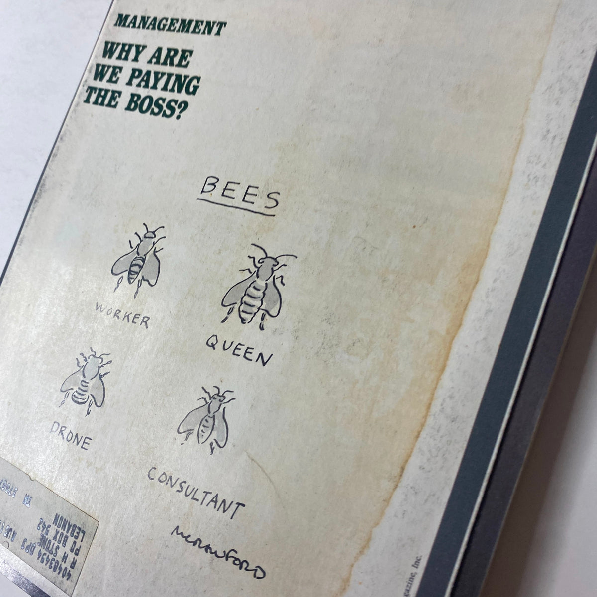 Close-up of the Forbes Magazine cover from October 10, 1983, highlighting the title 'Management: Why Are We Paying The Boss?' and an illustration of bees with their roles.