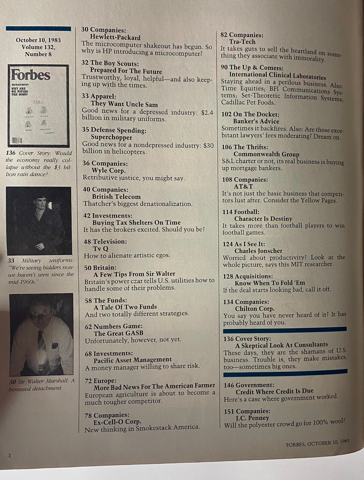 Table of contents for Forbes Magazine, October 10, 1983, detailing various articles including the main feature on executive pay with the title 'Management: Why Are We Paying The Boss?'.