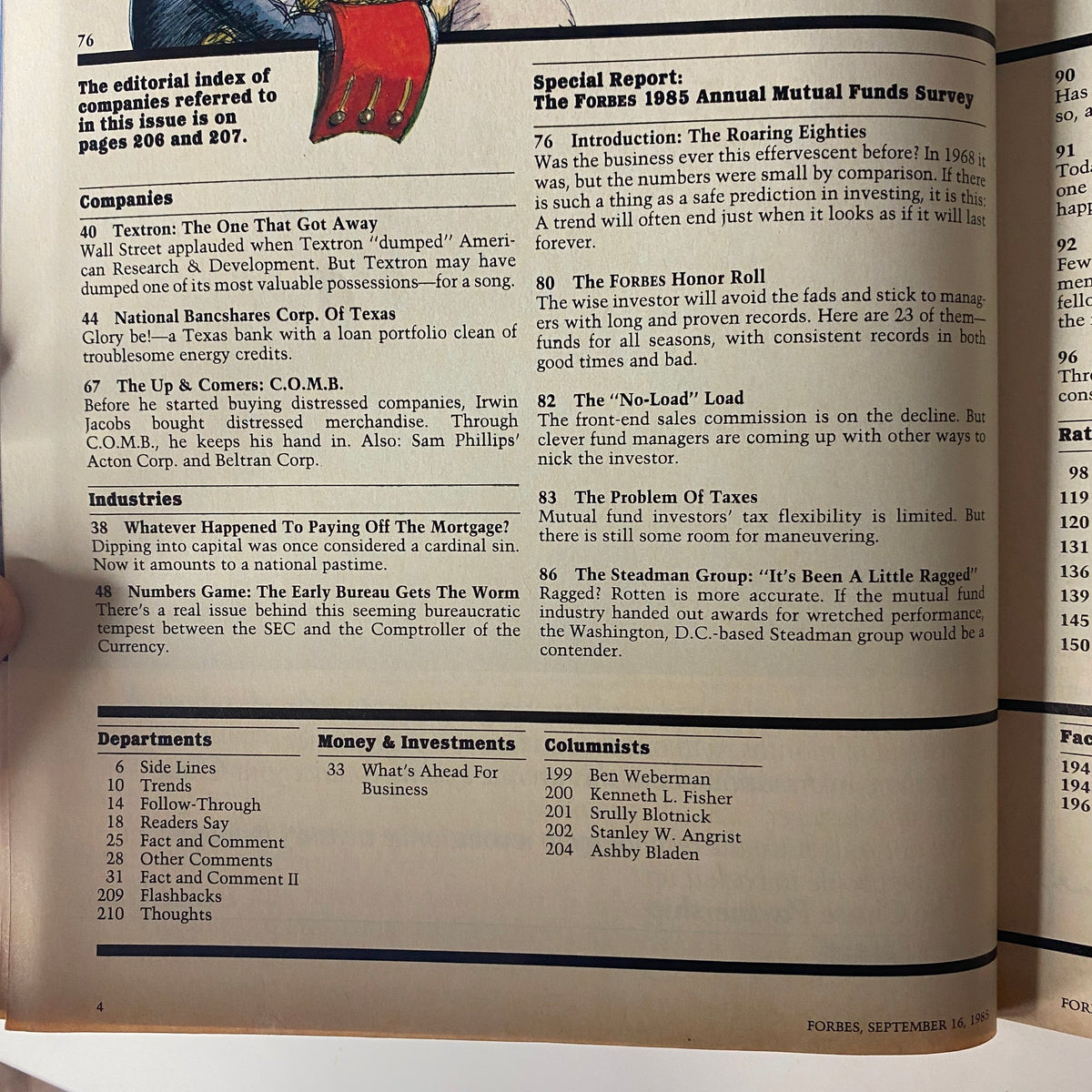 Page from Forbes Magazine September 16, 1985, displaying the editorial index and companies referred to in this issue, highlighting the Annual Mutual Funds Survey.