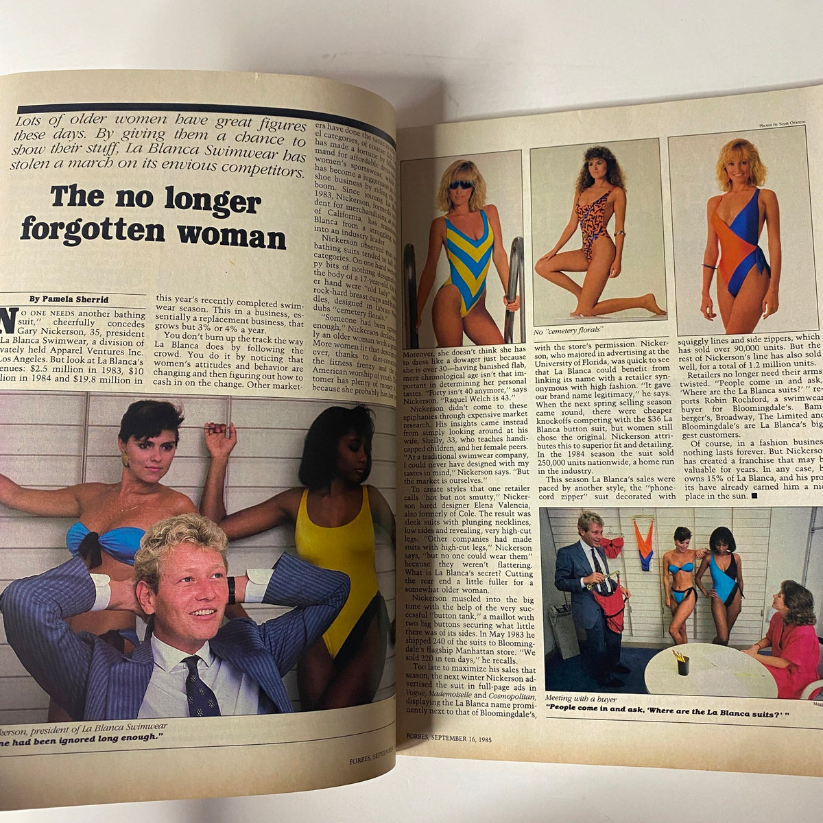 Interior article from Forbes Magazine September 16, 1985, discussing La Blanca Swimwear, showcasing swimwear trends and the business's impact, within the Annual Mutual Funds Survey issue.