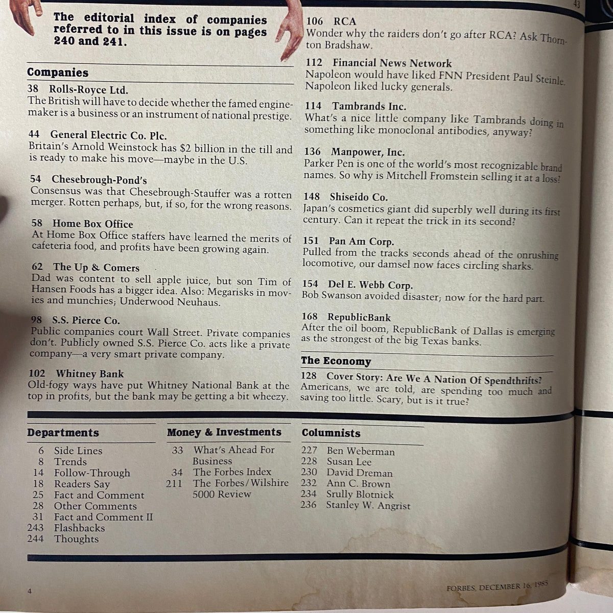 Table of contents from Forbes Magazine December 16, 1985 highlighting key articles including profiles on Rolls-Royce Ltd. and General Electric Co. Plc.