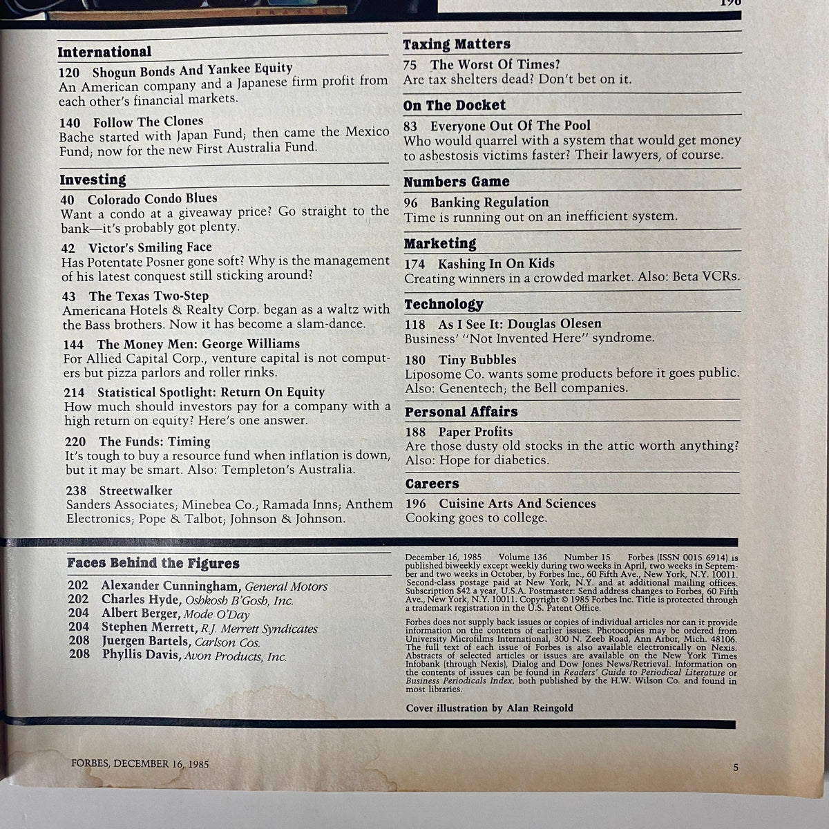 Interior page of Forbes Magazine December 16, 1985 listing various companies and articles, providing insights into the economic climate of the late 1980s.
