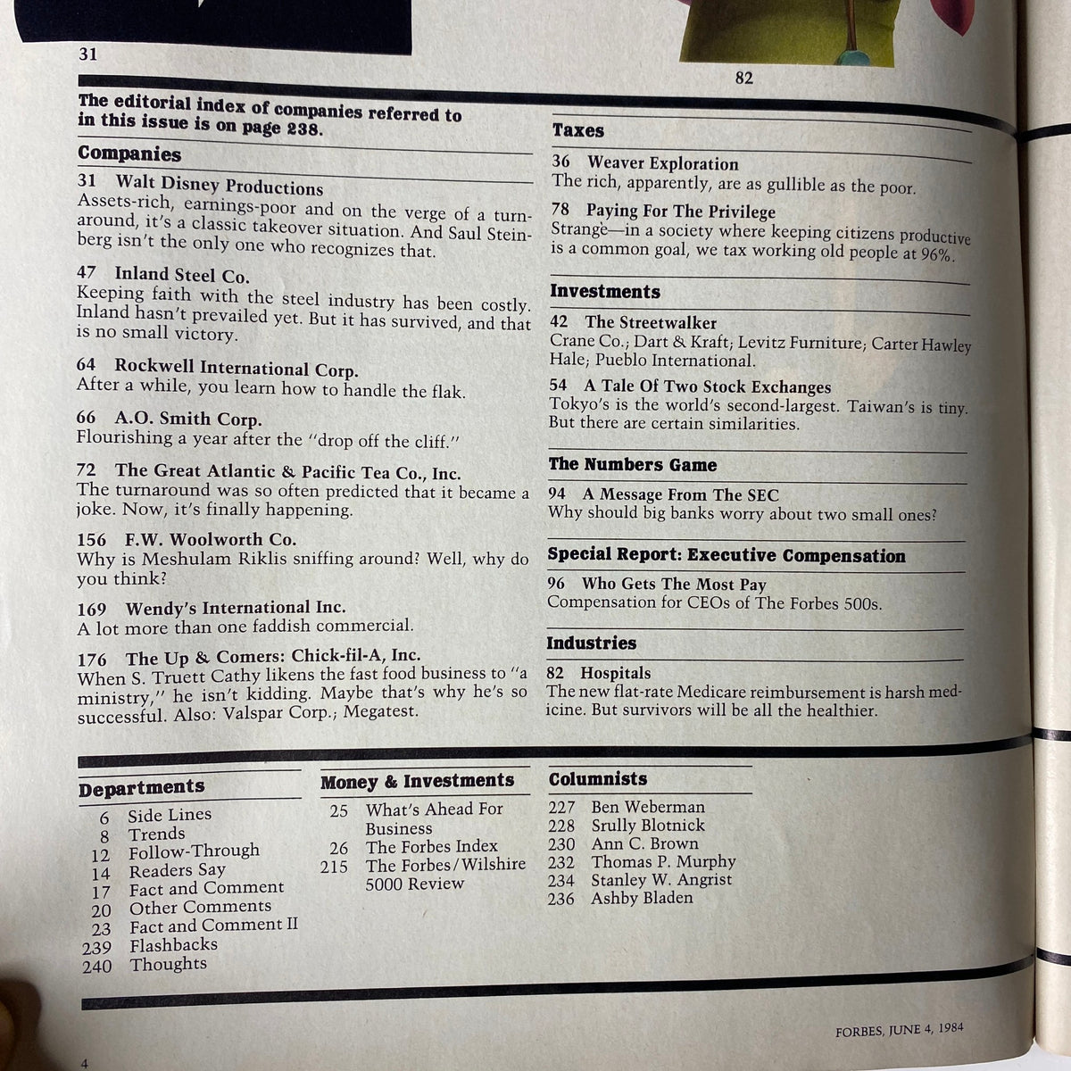 Table of contents from Forbes Magazine June 4, 1984, highlighting key articles and companies including Walt Disney Productions and insights on corporate strategies.