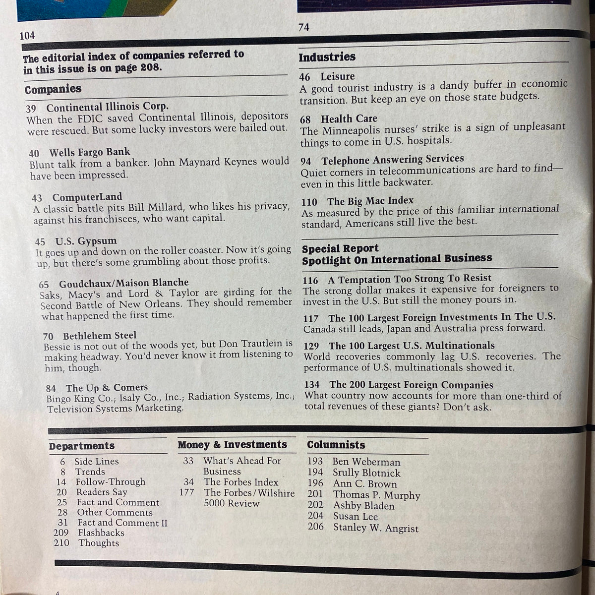 Editorial index page from Forbes Magazine July 2, 1984 listing companies and industries mentioned in the issue, including entries for Wells Fargo and U.S. Gypsum.
